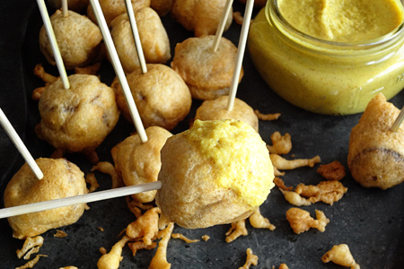 Beer-Battered Brat Lolipops with Spicy Kraut Mustard