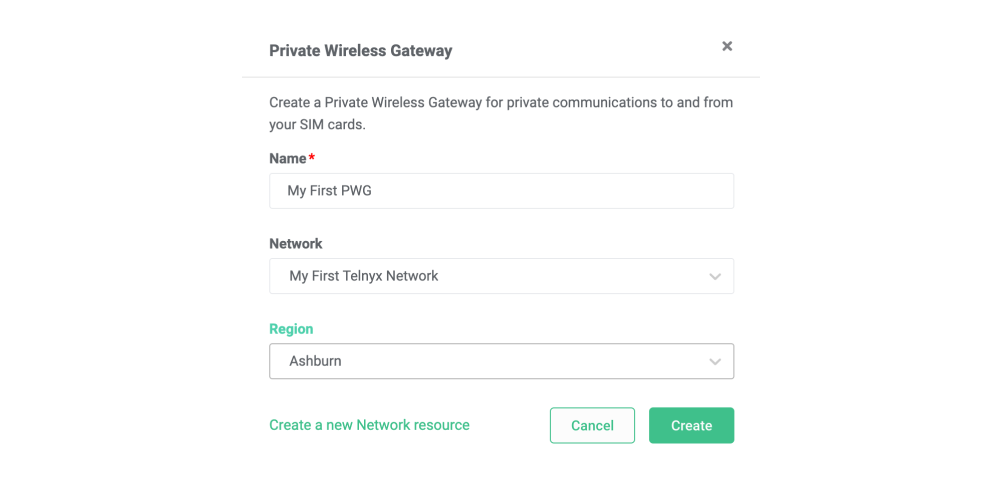 Create a Private Wireless Gateway using an existing Network