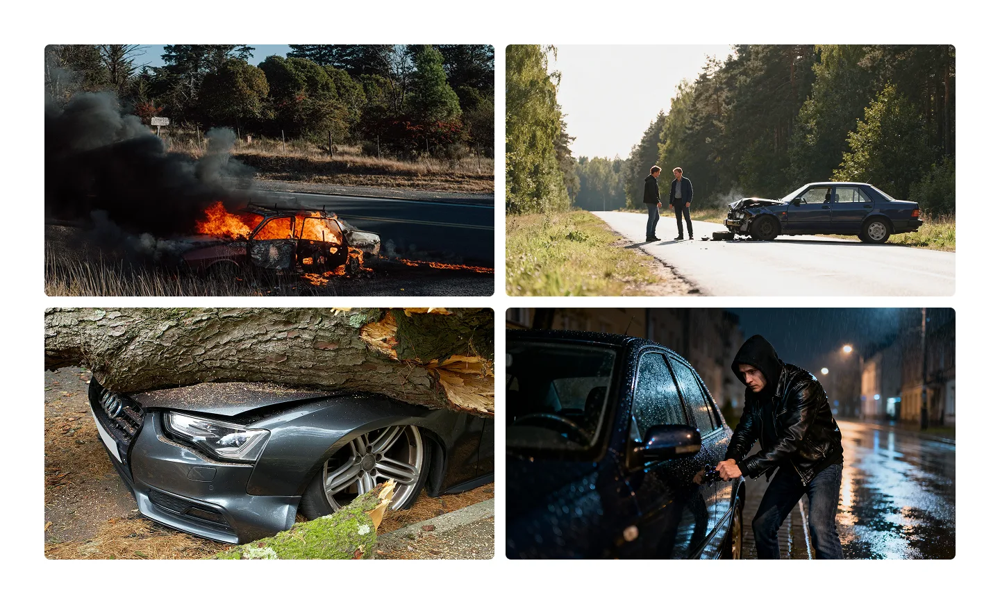 Keturių vaizdų koliažas rodo tipines žalas – degantį automobilį, avariją šalikelėje, sudaužytą priekį ir įsilaužimą – tai grėsmės, kurias dažniausiai dengia KASKO.