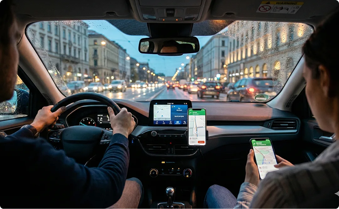Važiavimas naudojantis navigacijos programėlėmis. Dirbant per „Bolt“, „Uber“ ar kitas pavežėjimo platformas, įprastas civilinis draudimas negalioja – būtina papildoma apsauga vežant keleivius už atlygį.