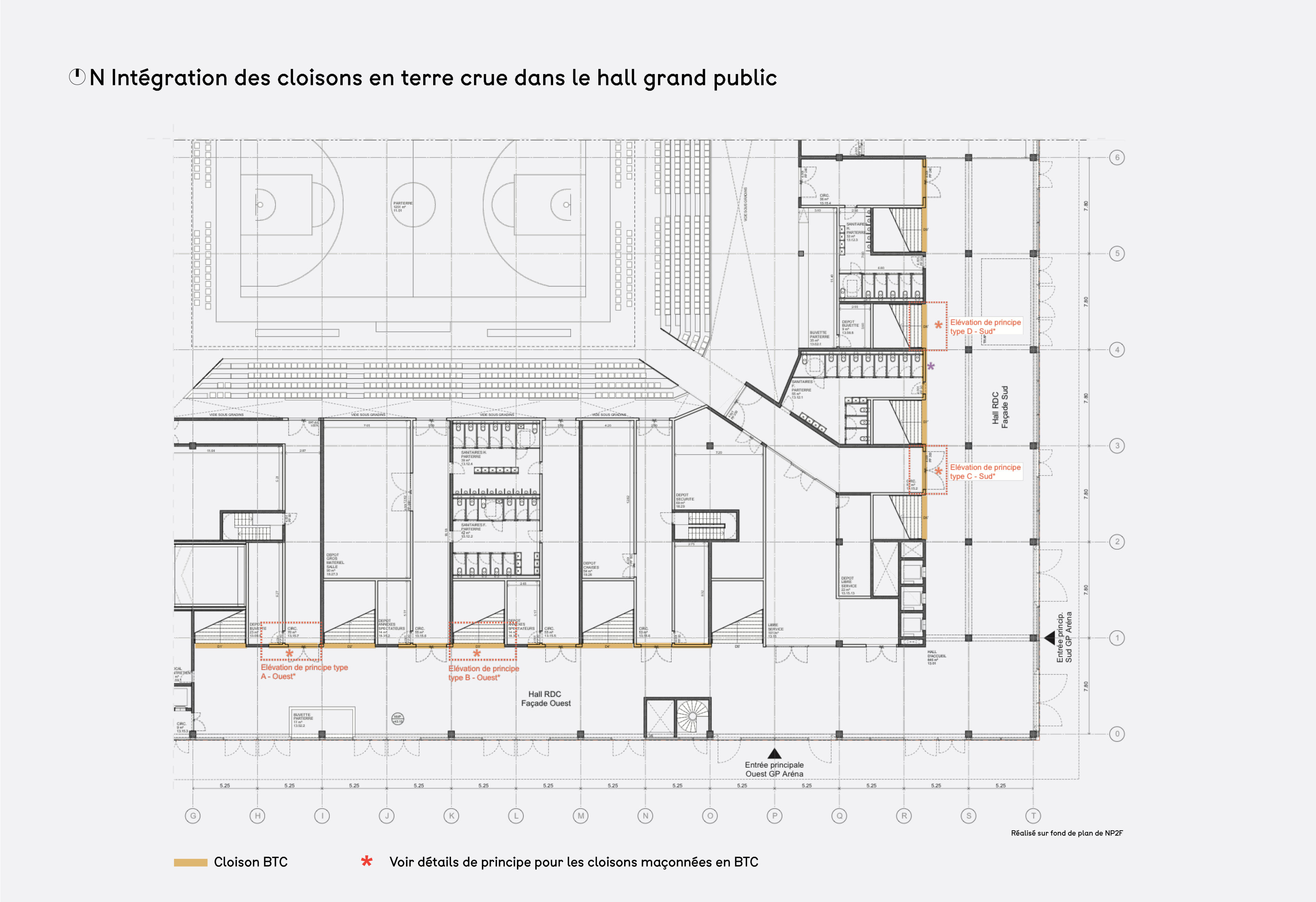 Intégration des cloisons en terre crue dans le hall grand public