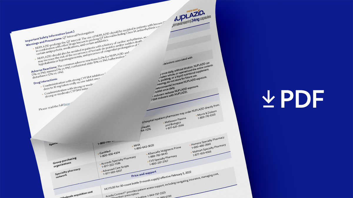 Papers with "PDF" and a download arrow show NUPLAZID® Distribution Fact Sheet PDF available to download