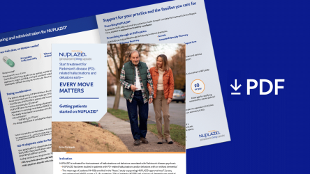 Guide with "PDF" and download arrow representing Getting Started on NUPLAZID® Brochure available for download