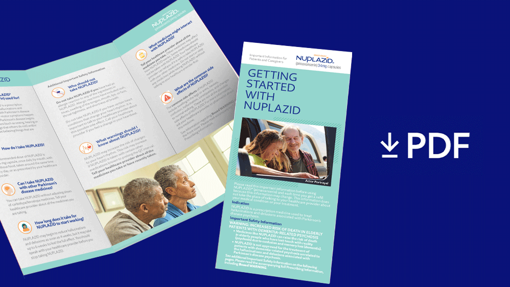 Brochure with "PDF" and a download arrow shows NUPLAZID® Patient Brochure PDF available to download