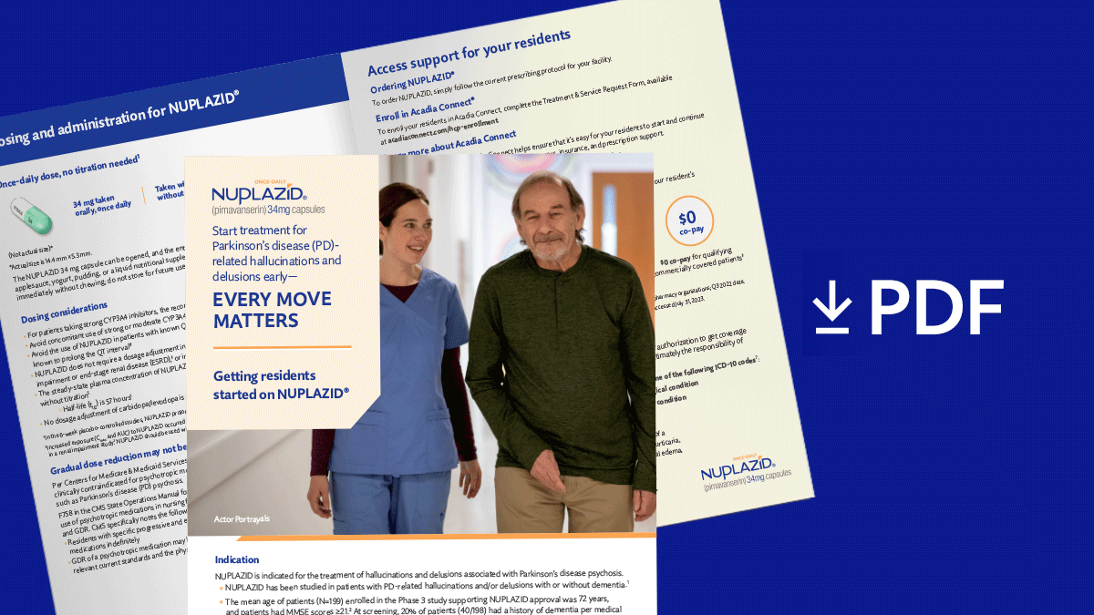 Guide with "PDF" and a download arrow representing getting started on NUPLAZID® long-term care brochure available to download