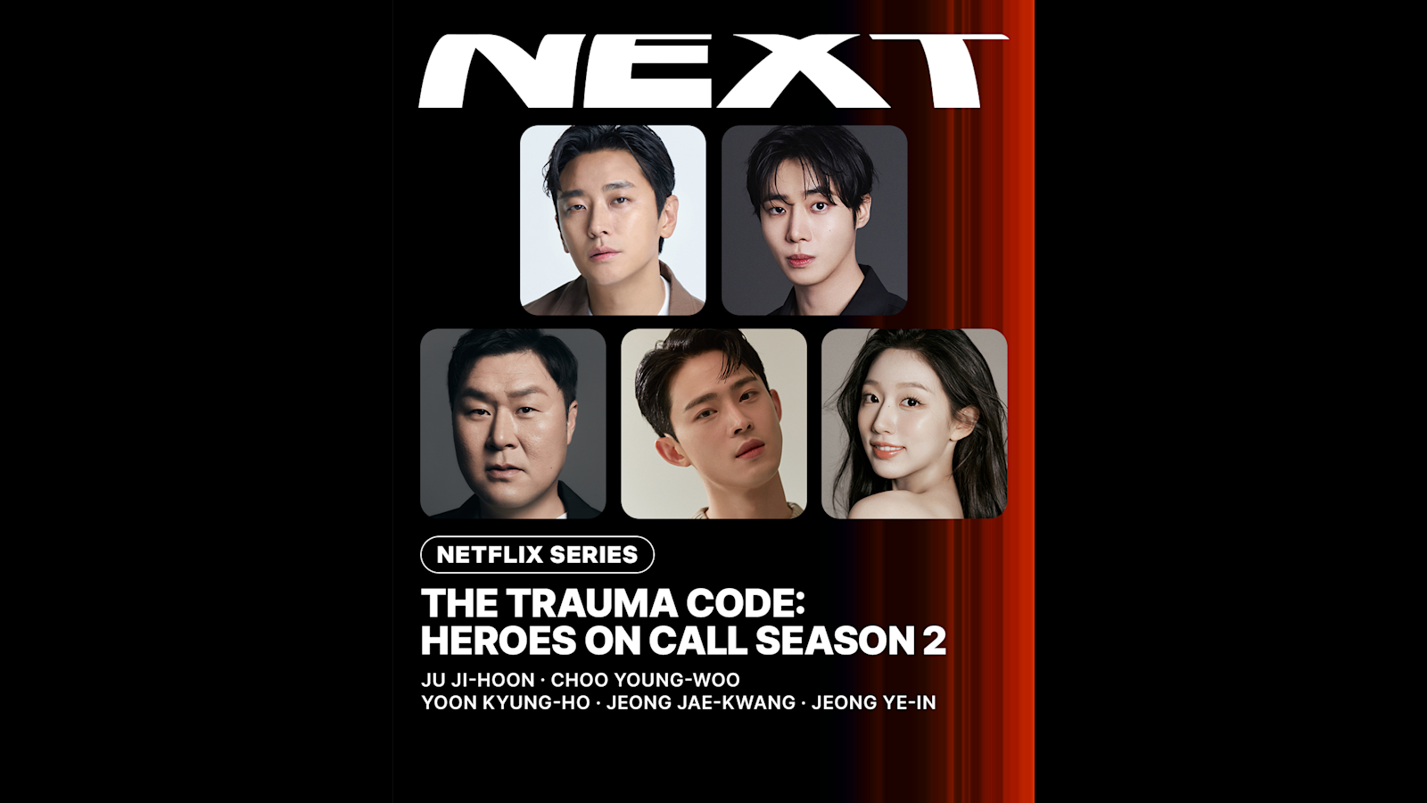 Portraits of Ju Ji-hoon, Choo Young-woo, Yoon Kyung-ho, Jeong Jae-kwang and Jeong Ye-in in Netflix's Season 2 announcement graphic