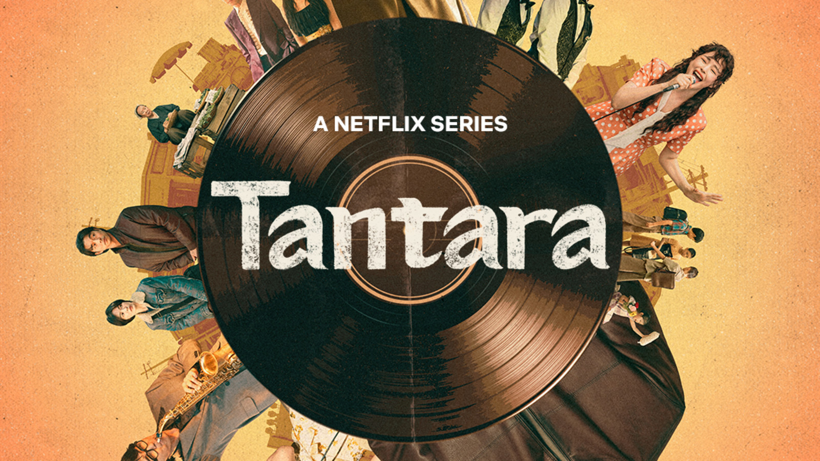 Tantara release poster arranged around a vinyl record with Min-ja, Dong-gu and performers from the Netflix series