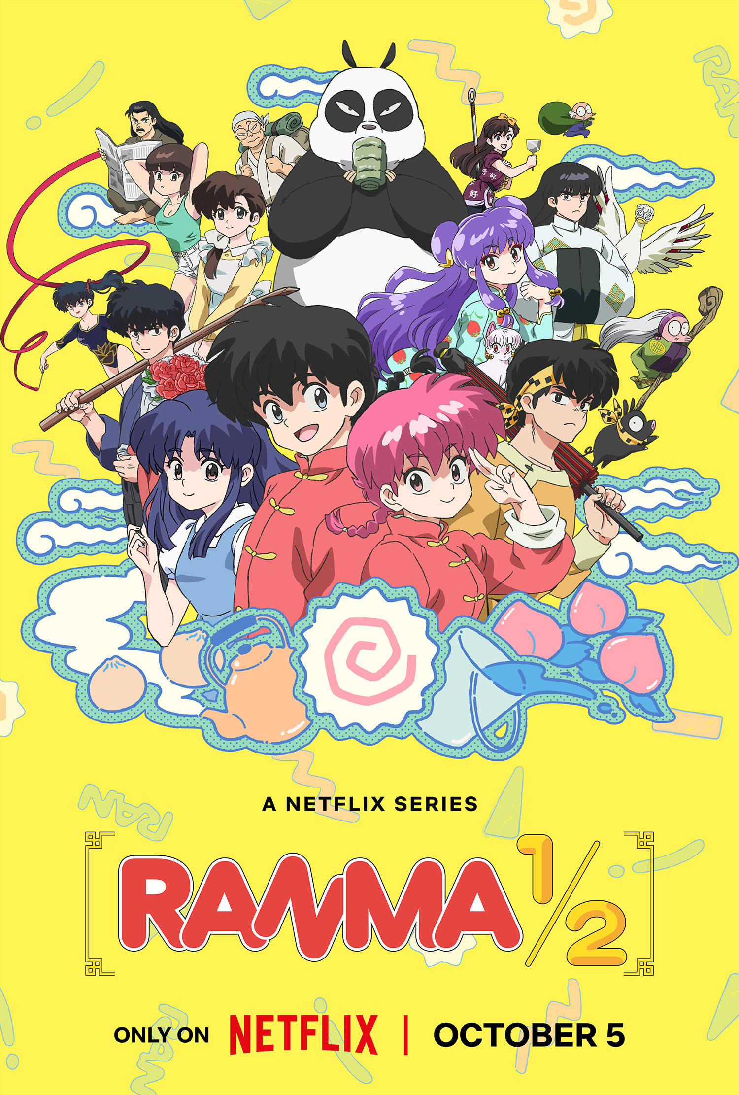 Ranma 1/2 (2024) promotional poster depicting a conglomerate of the cast of characters on a yellow background with miscellaneous motifs.