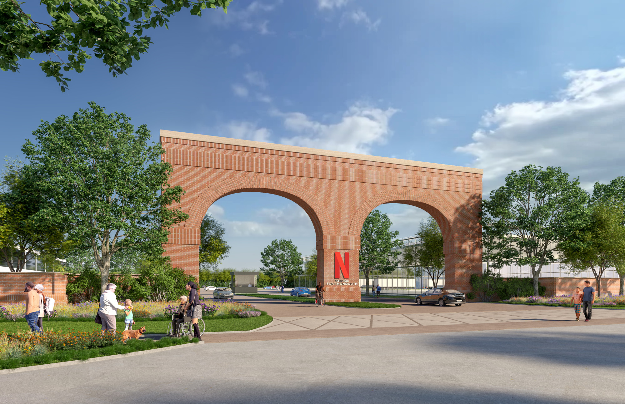 artist rendering of entry gate to Netflix campus at Fort Monmouth