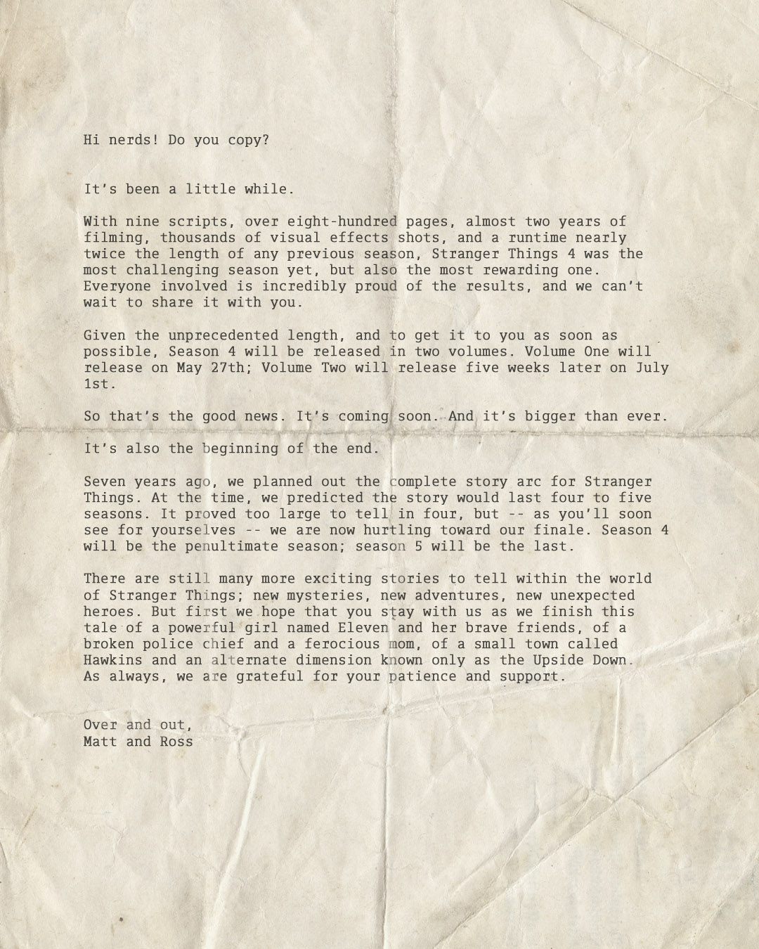 The Duffer Brothers Letter