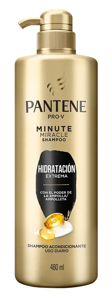 Botella de Shampoo Minute Miracle hidratación para cabello con frizz y vitamina Pro – V de Pantene