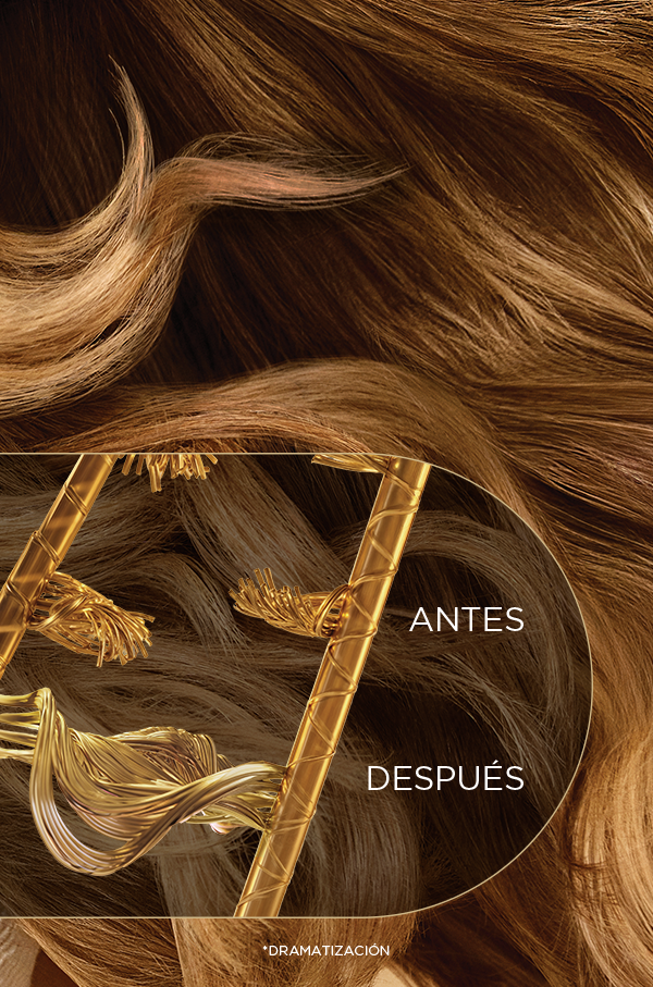 Comparación de hebras de cabello antes y después del uso de Bond Repair Complex, con una hélice dorada que representa la reparación.