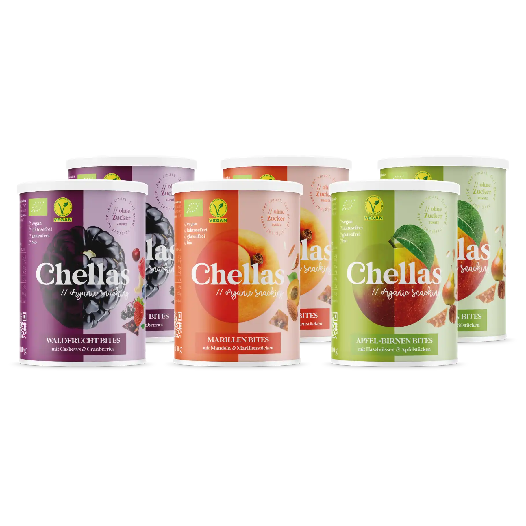 2x Chellas Waldfrucht bites, 2x Chellas Marillen bites, 2x Chellas Apfel bites