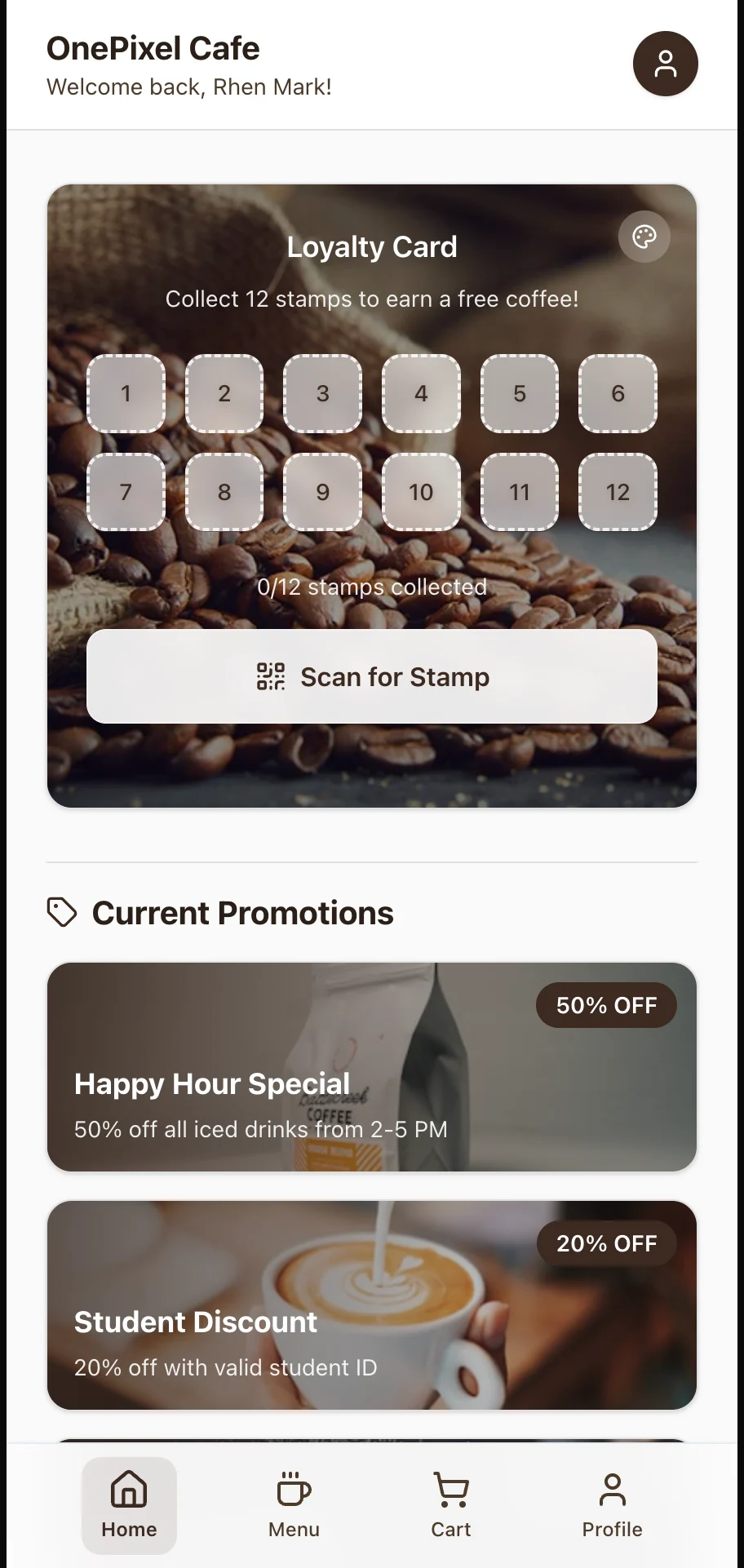 OnePixel Cafe Rewards App — screenshot 2