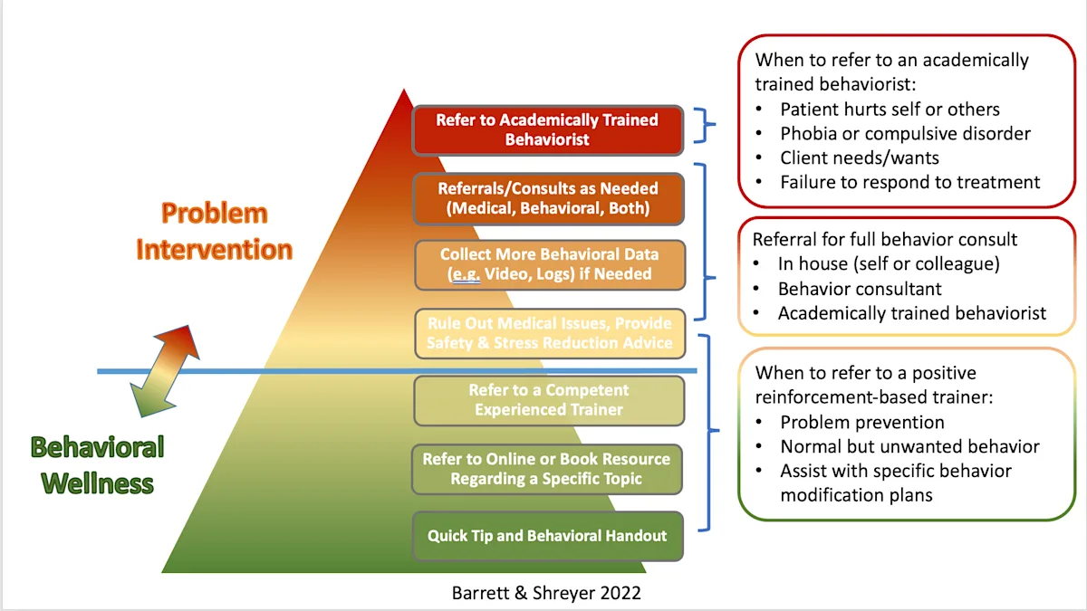 Pyramid image depicting escalation for handling behavior cases from simple prevention at the base to referral at the peak.