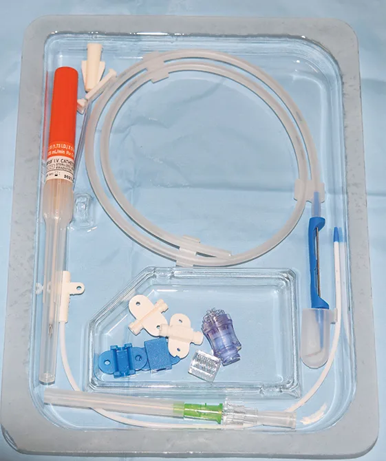 Materials needed for diaphragmatic herniorrhaphy displayed on table.