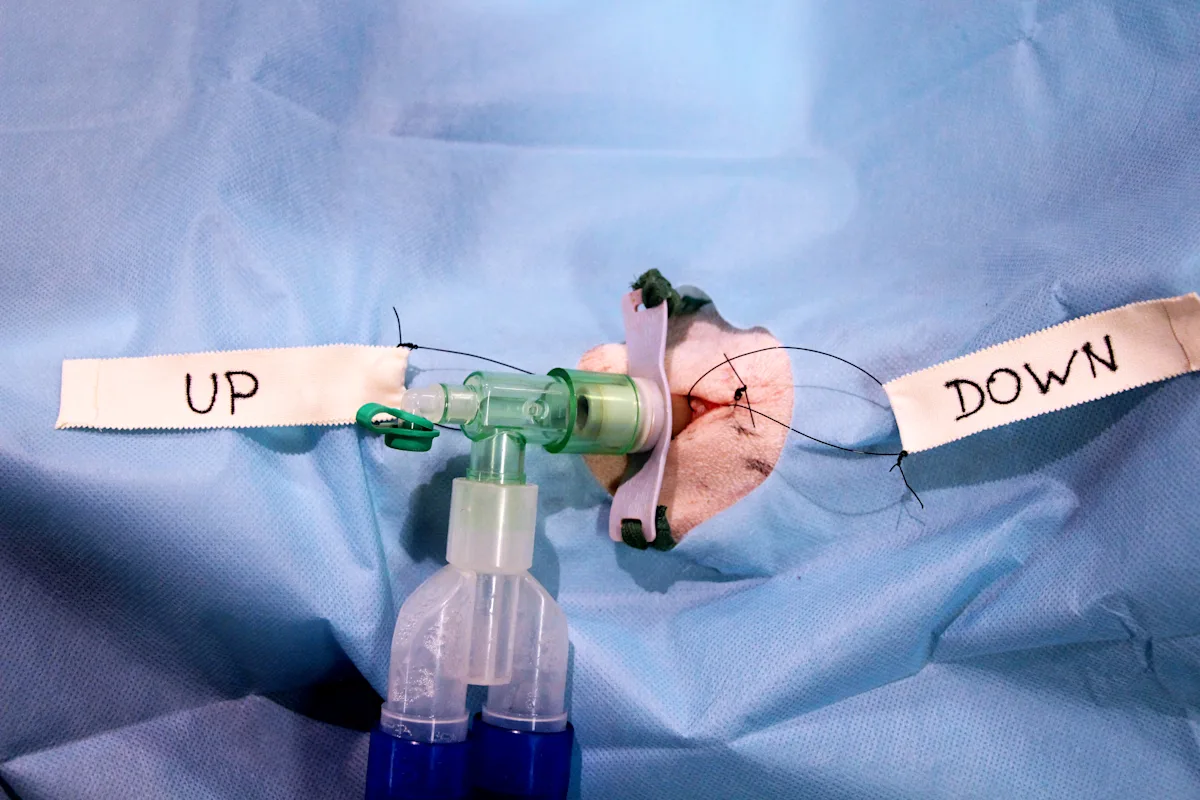 Tracheostomy tube in place with sutures labeled with surgical tape to indicate what direction to pull sutures to open site.