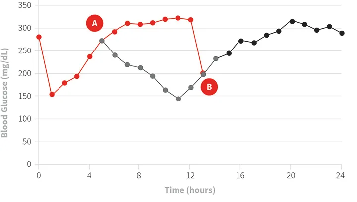 A graph showing two glucose curves to illustrate the effects of different blood glucose monitoring strategies.