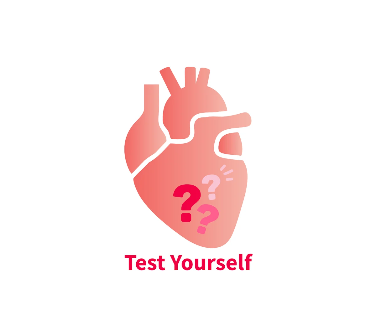 A stylized illustration of a heart with question marks, suggesting a quiz or self-assessment related to cardiac health. The design features a gradient of pink hues and includes the text "Test Yourself" prominently below the heart.