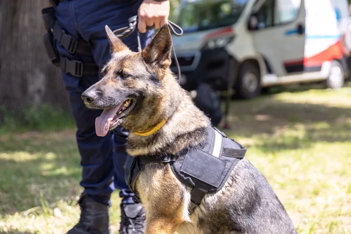 A working German shepherd police dog is leashed and sitting with a handler.