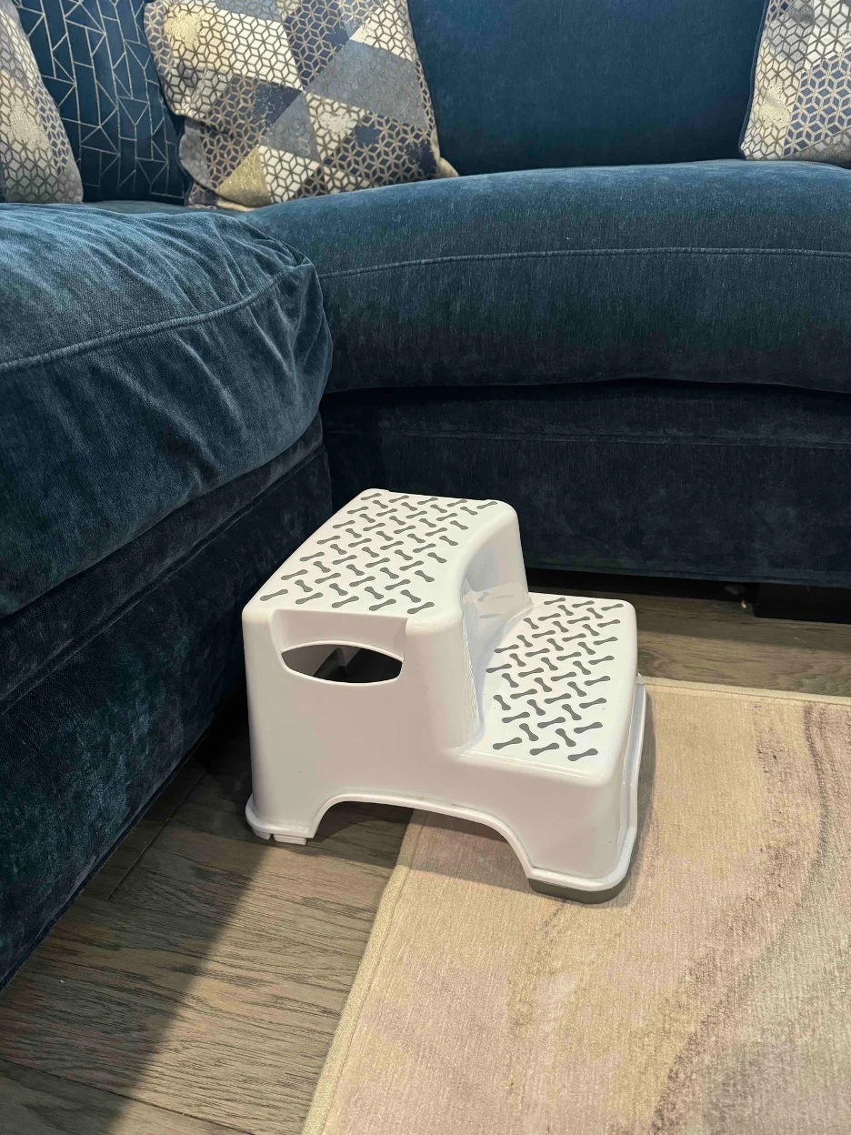 Portable steps placed in front of a blue couch.