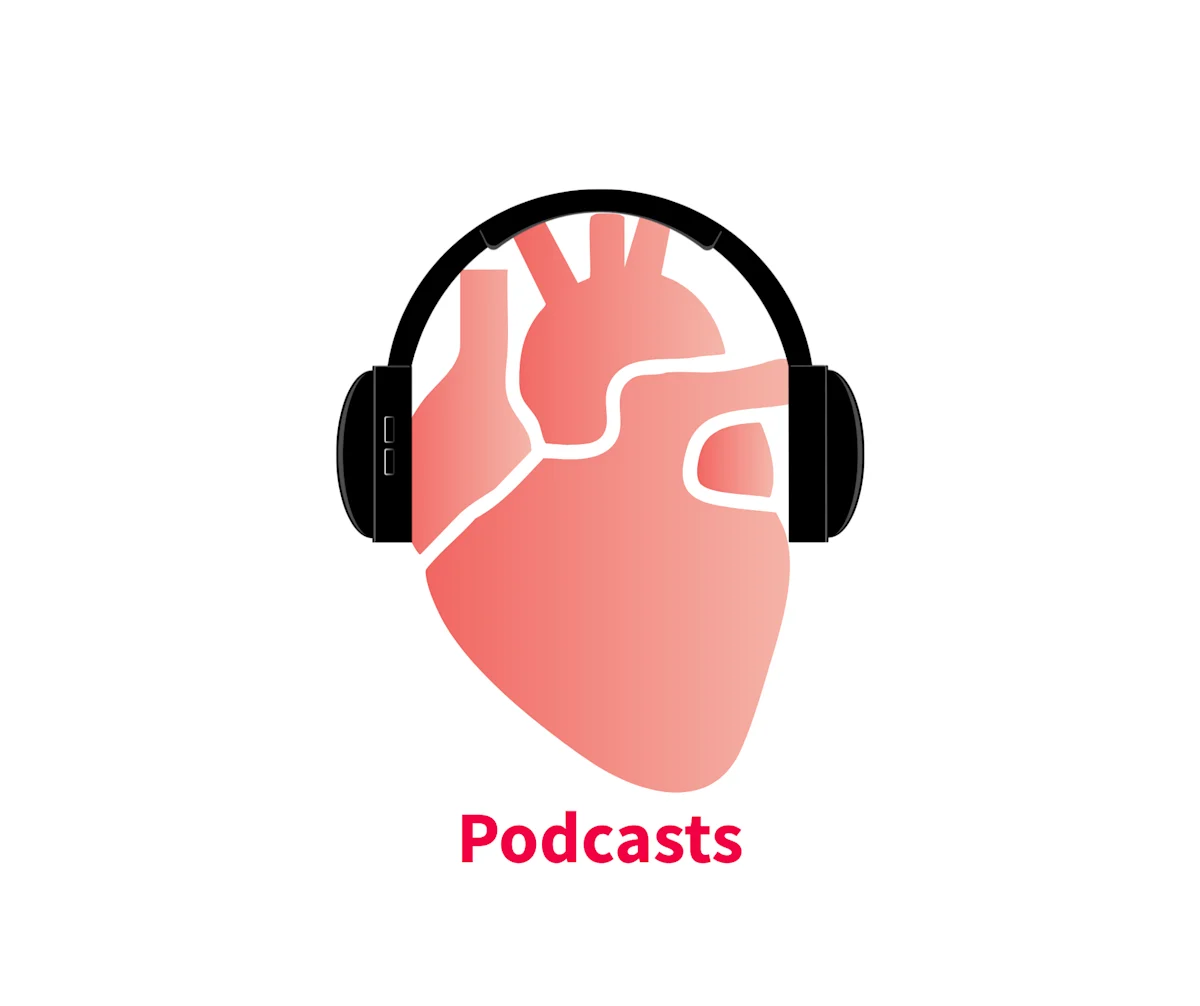 A stylized graphic of a heart wearing black headphones, symbolizing the connection between veterinary medicine and audio learning. The word "Podcasts" is prominently displayed below the heart, emphasizing the educational focus of the content.