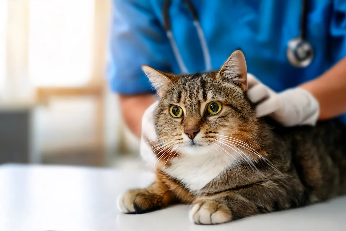A cat being examined by a veterinarian. 