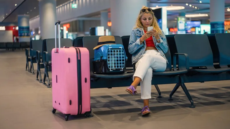 A person sitting in an airport with a cat carrier and luggage nearby.