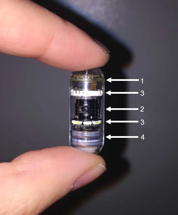Video capsule held between two fingers with arrows pointing to different parts within the capsule.