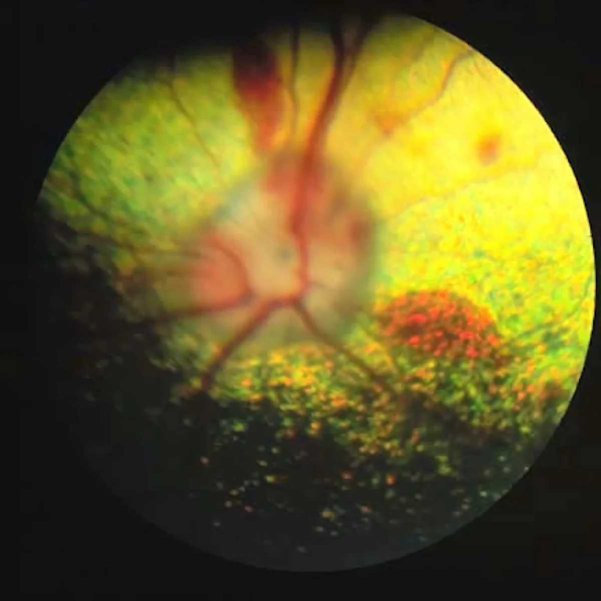 Intraocular image showing bright yellow-green tapetum containing several irregular patches of red.