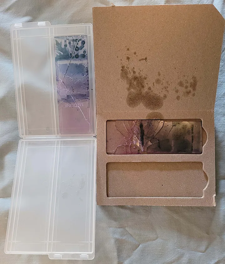 Broken microscope slides in both plastic and cardboard cases.