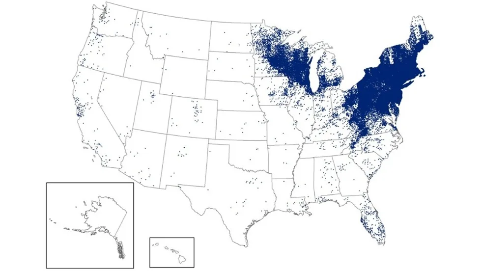 Lyme disease prevalence map of the United States.