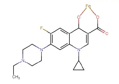 Molecular structure of an enrofloxacin molecule that has formed multiple single bonds to iron