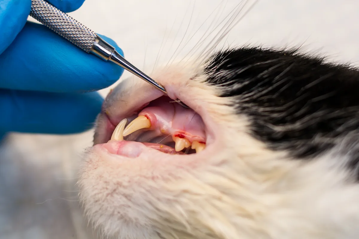 Dental probe lifting lip of cat to expose teeth with mild bleeding around the gingival margins.
