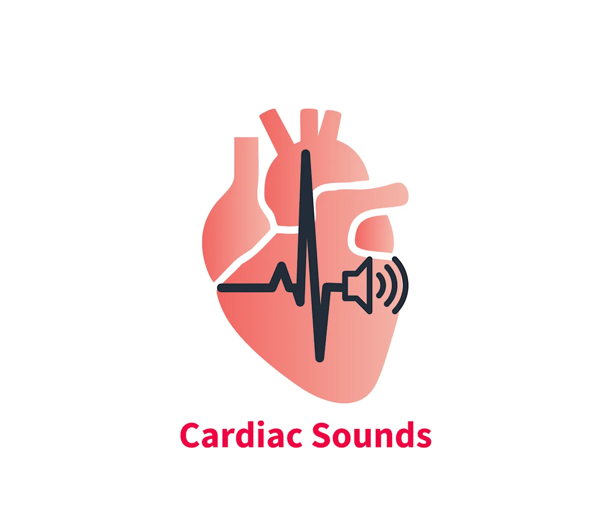 A stylized illustration of a heart with a sound wave emanating from it, representing cardiac sounds. The design emphasizes the heart's anatomy and includes the text "Cardiac Sounds" in bold, red lettering below the heart.