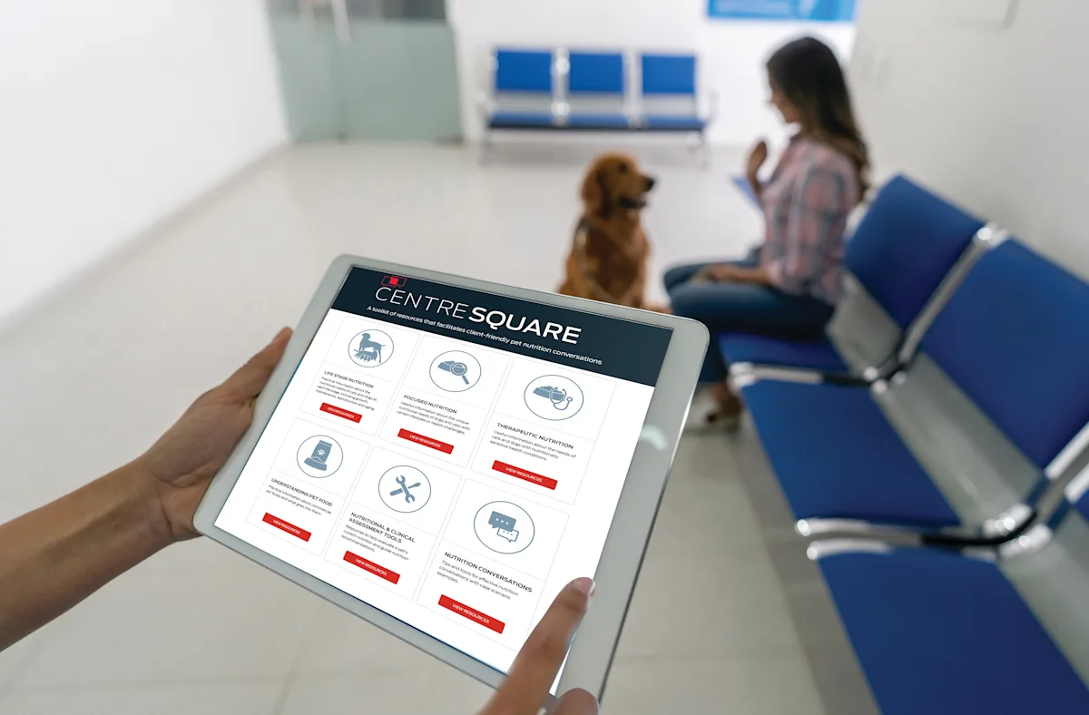 A person is sitting in a veterinary waiting area, holding a tablet displaying a veterinary management software interface. In the background, a dog sits beside the person, and blue chairs line the wall, creating a clean and modern clinical environment.