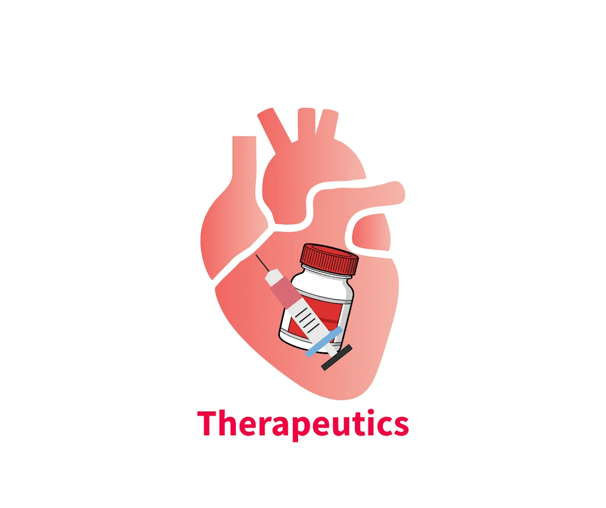 A stylized illustration of a heart with a syringe and a medication bottle positioned inside it, symbolizing the concept of therapeutics in veterinary medicine. The background is a simple white, emphasizing the heart and its associated medical elements.