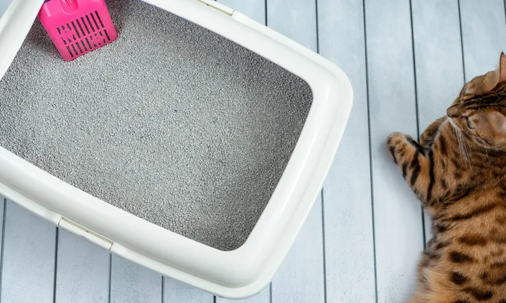 A cat litter box with a cat resting nearby.