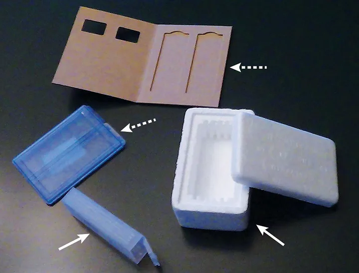 Examples of containers available for shipping slides.