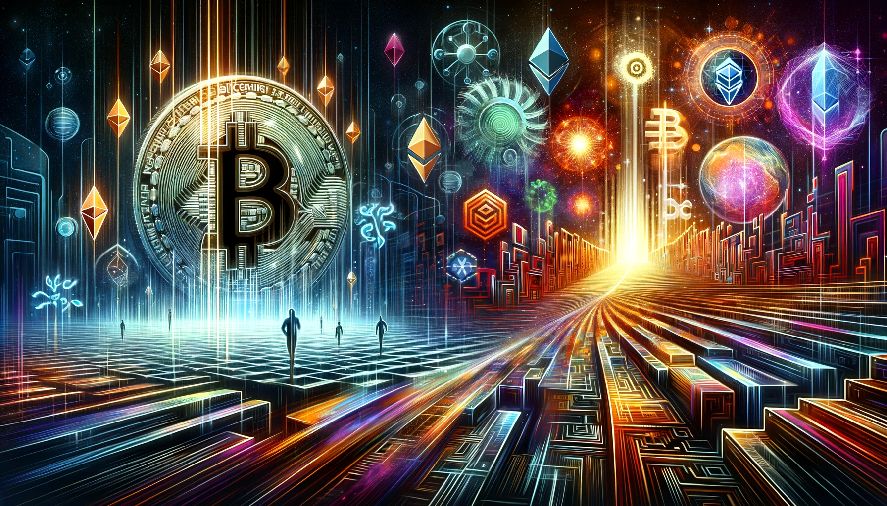 DALL·E 2024-04-23 20.55.33 - An abstract digital art representation of the cryptocurrency market shift, focusing on the decline of Bitcoin-based NFTs. The scene includes symbolic .webp