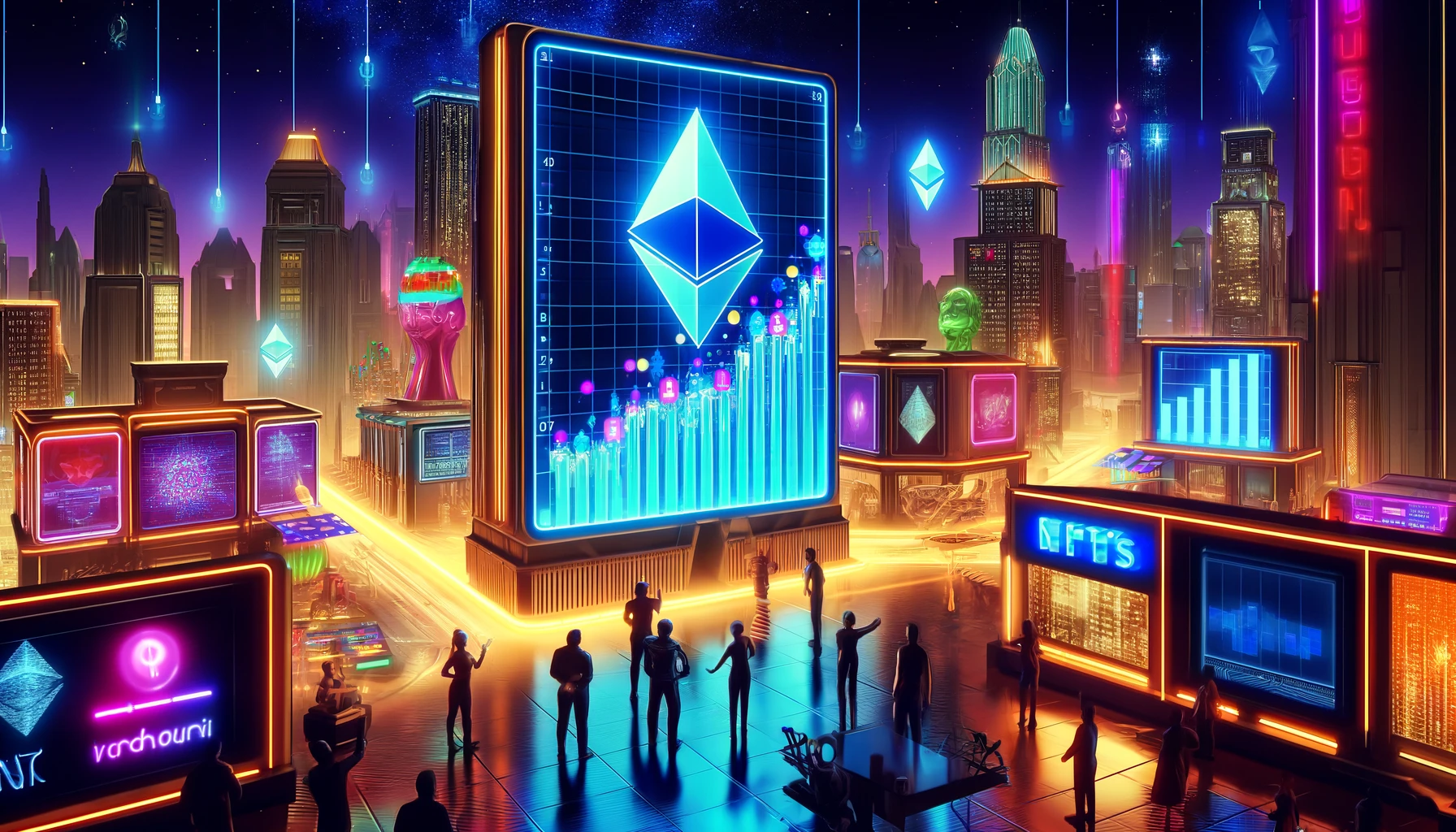 DALL·E 2024-04-23 21.00.28 - A vibrant digital marketplace scene representing Ethereum-s dominance in the NFT market. The setting is a futuristic cityscape at night, glowing with .webp