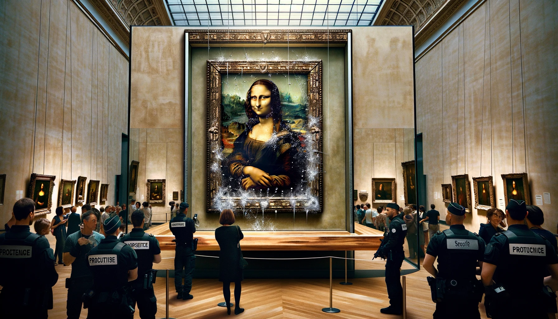 DALL·E 2024-01-29 14.50.58 - The Mona Lisa, a masterpiece by Leonardo da Vinci, has stood the test of time, enduring both adoration and vandalism. The painting is protected by arm.png