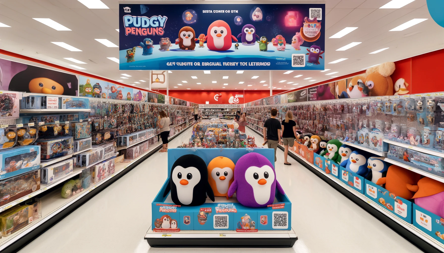 DALL·E 2024-05-15 11.02.23 - A vibrant, modern toy aisle in a Target store filled with shelves stocked with plushies and figurines from the Pudgy Penguins toy line. The scene depi