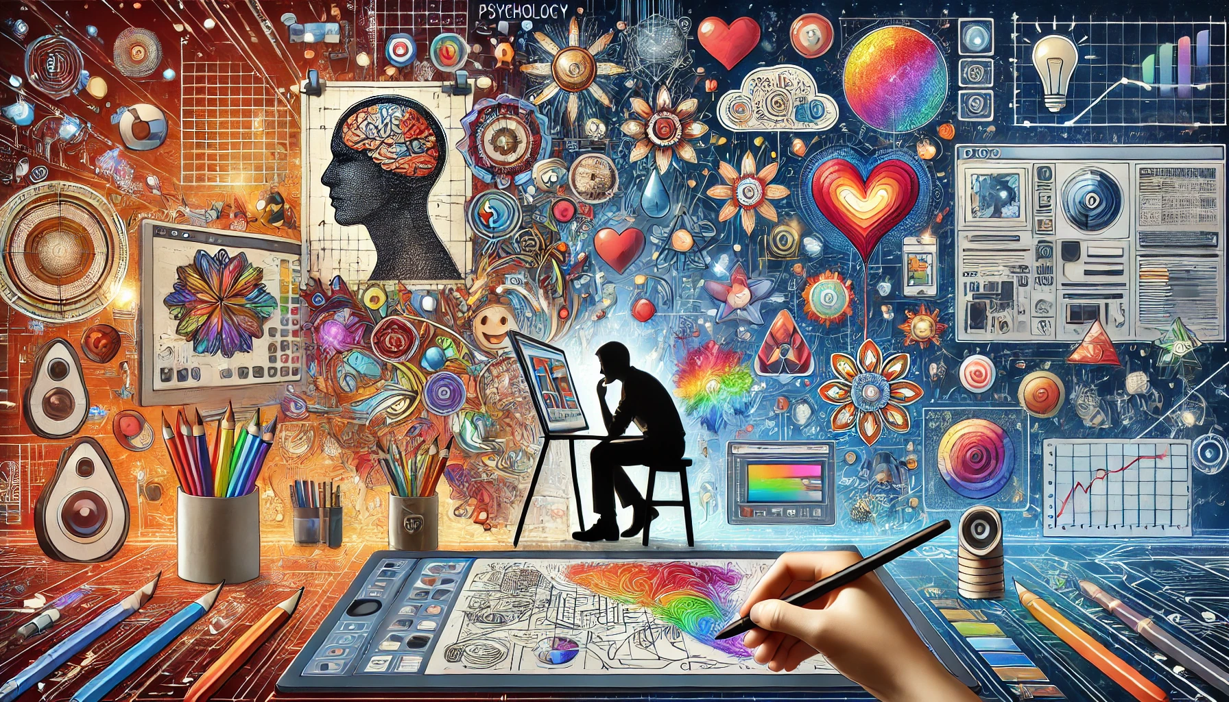 DALL·E 2024-07-01 14.14.50 - A digital illustration exploring the psychology of digital art. The scene features an artist working on a digital tablet surrounded by various digital.webp
