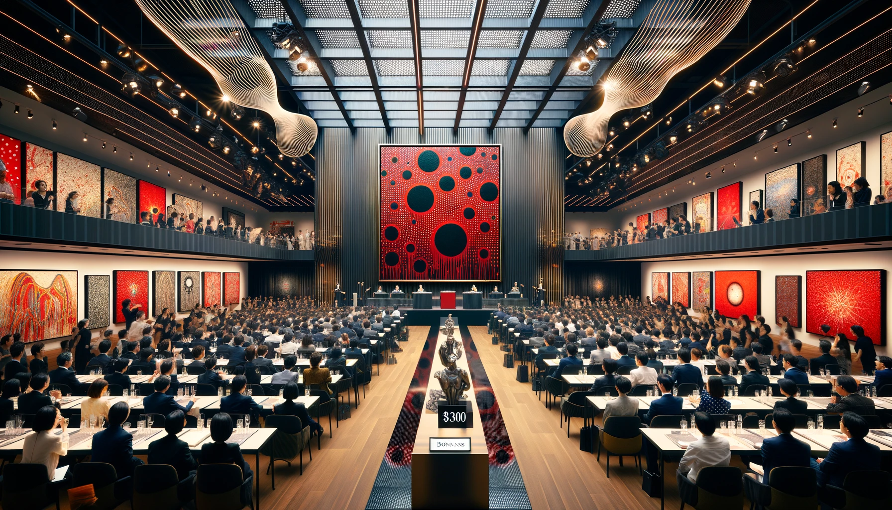 DALL·E 2024-05-22 13.35.03 - A dynamic scene of a contemporary art auction at Bonhams Hong Kong. The focal point is a striking painting by Yayoi Kusama, featuring black dots on a .webp