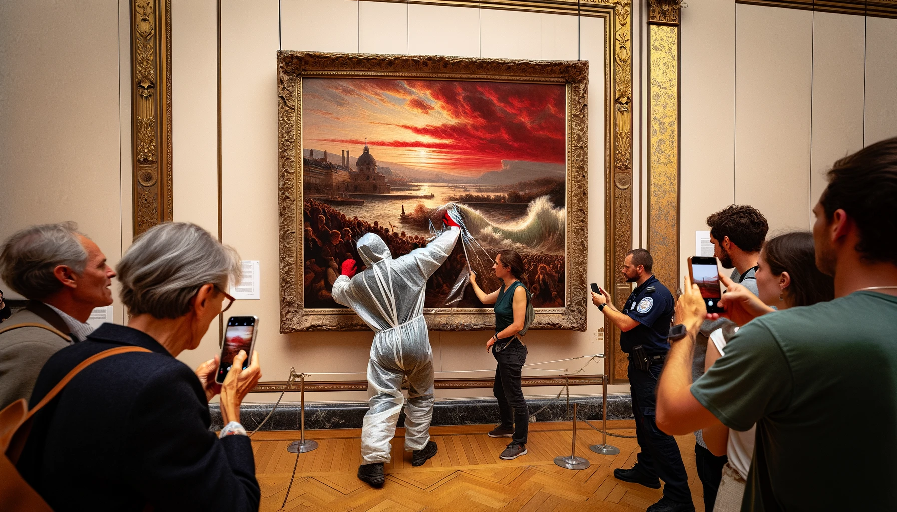 DALL·E 2024-06-04 15.11.40 - A dramatic scene at the Musée d’Orsay where a climate activist has vandalized a painting to raise awareness about climate change. The image shows the .webp