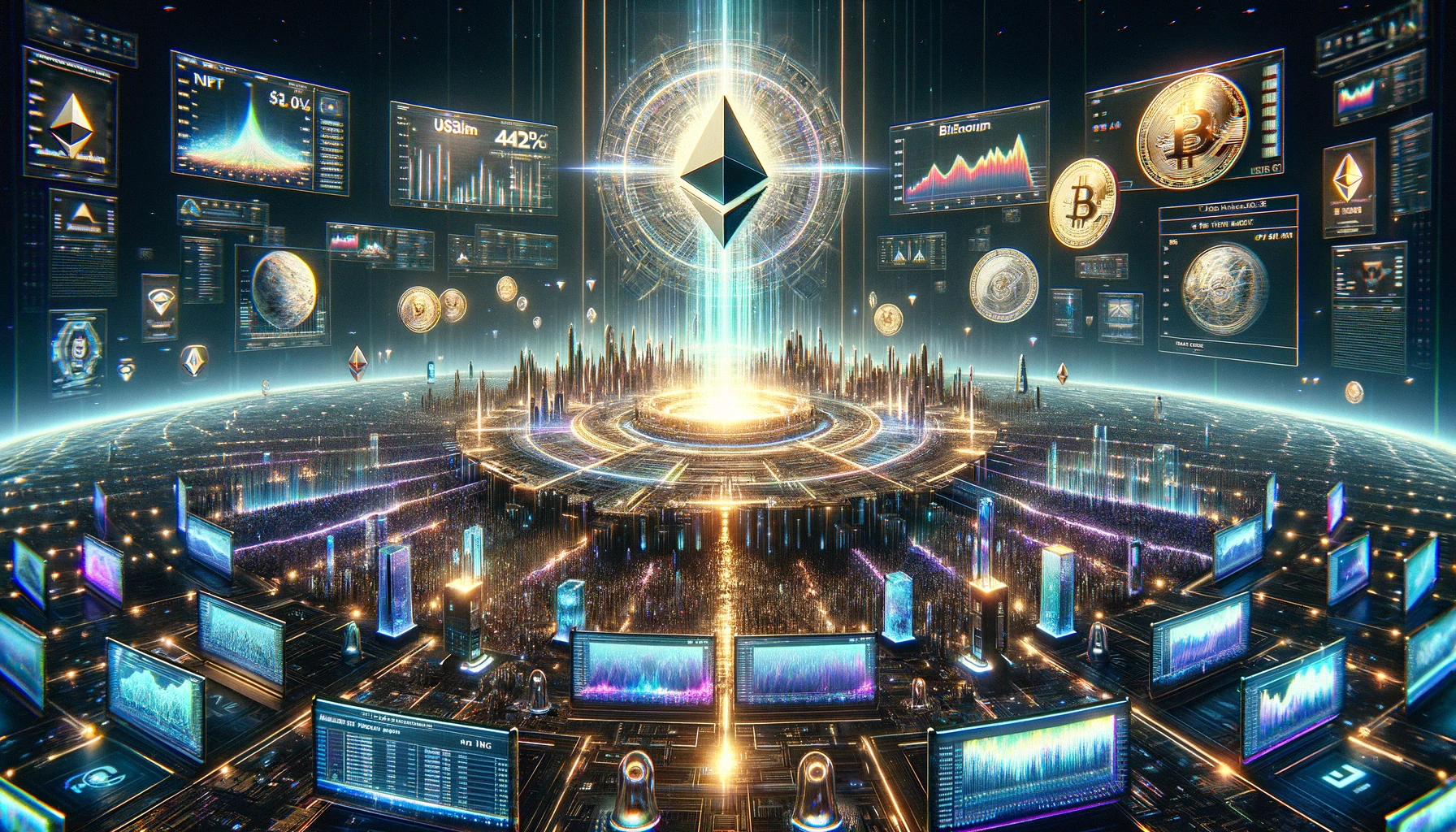 DALL·E 2024-04-05 15.16.39 - Visualize the dominance of Ethereum in the NFT market, capturing a moment of record-breaking sales. The scene unfolds on a grand digital arena, with E.webp