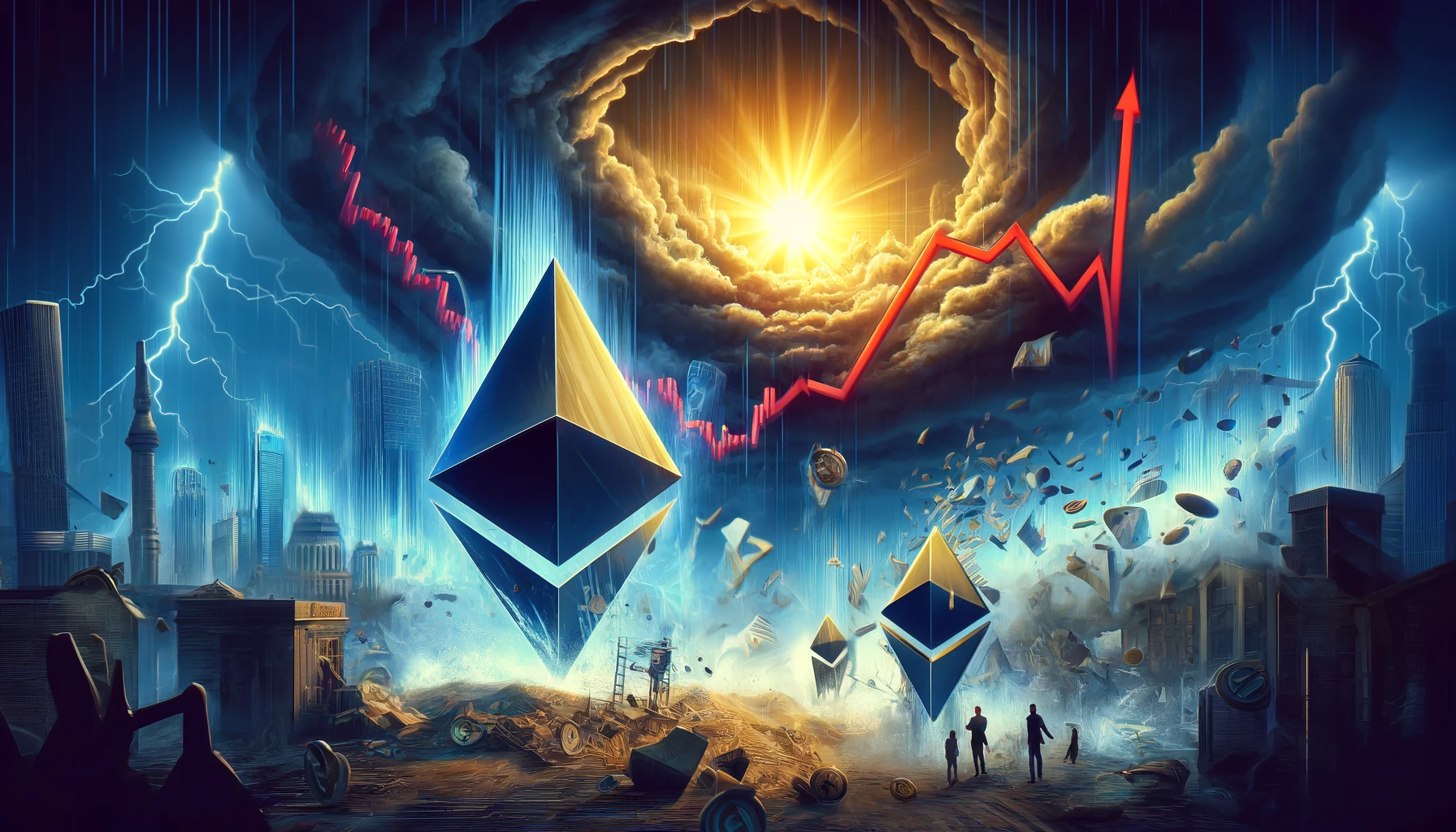 DALL·E 2024-05-06 16.31.18 - A dramatic illustration depicting the decline of NFT sales on Ethereum and Polygon platforms. The scene is set in a turbulent digital environment, sym.webp
