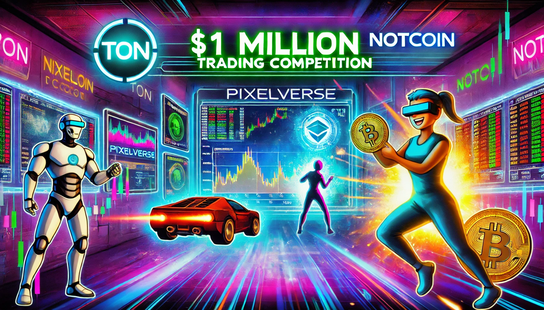 DALL·E 2024-07-18 17.42.53 - A vibrant digital illustration showing the partnership between Pixelverse and Notcoin, highlighting a $1 million trading competition. The scene featur