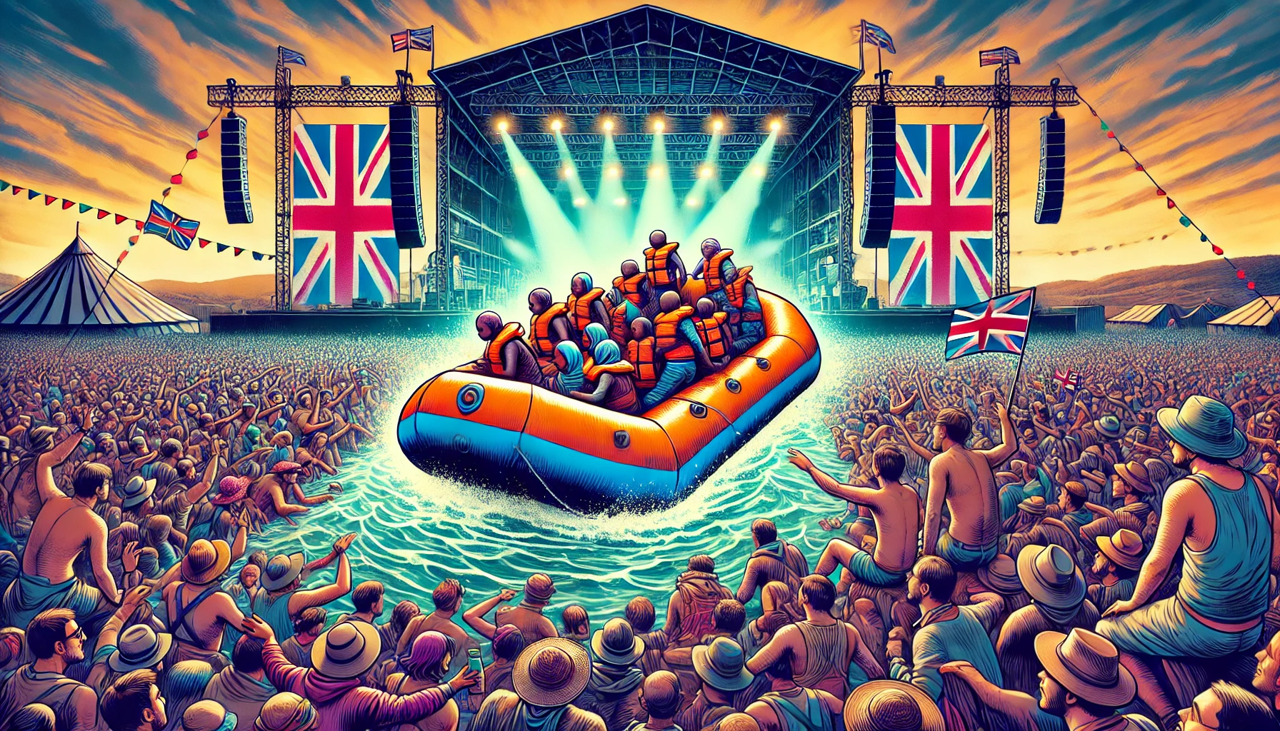 DALL·E 2024-07-01 14.12.01 - A vibrant digital illustration depicting an inflatable raft filled with migrant dummies being launched into a crowd during a live music set at Glaston